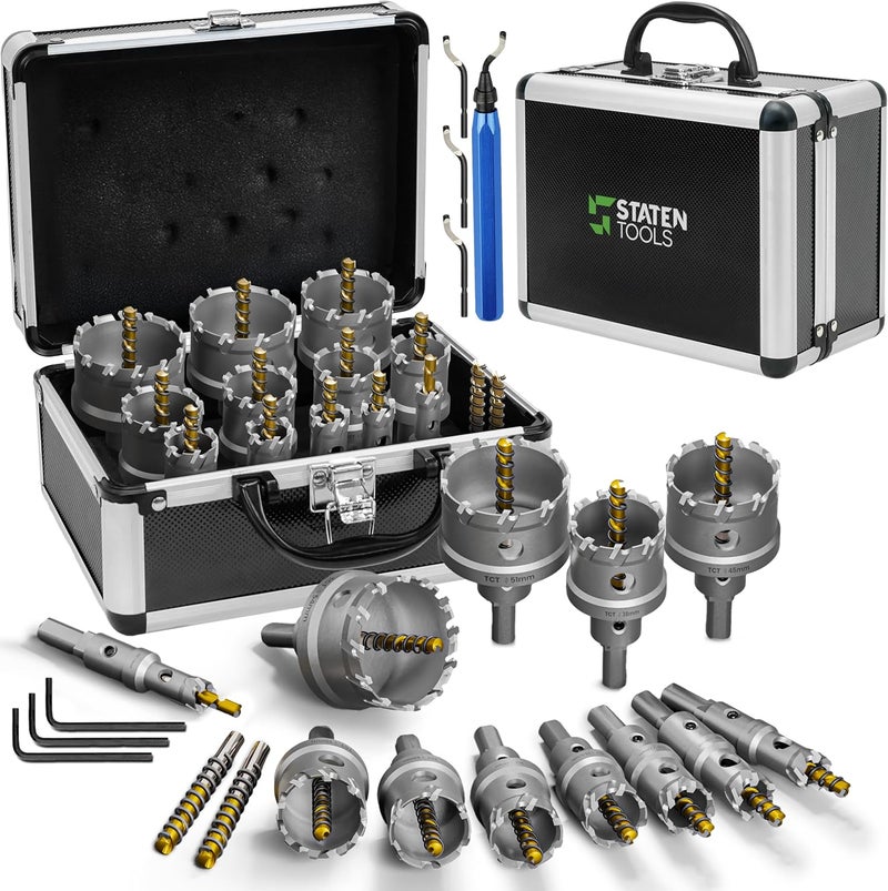 Staten tools Tungsten Carbide Hole Saw Kit 22 Pcs – Carbide Hole Saw Set 9/16" to 2-1/8" for Metal, Stainless Steel, Wood – Includes 2 Drill Bits, Deburring Tool, 4 Blades, 3 Allen Wrenches – Industrial & DIY Use - Image 1